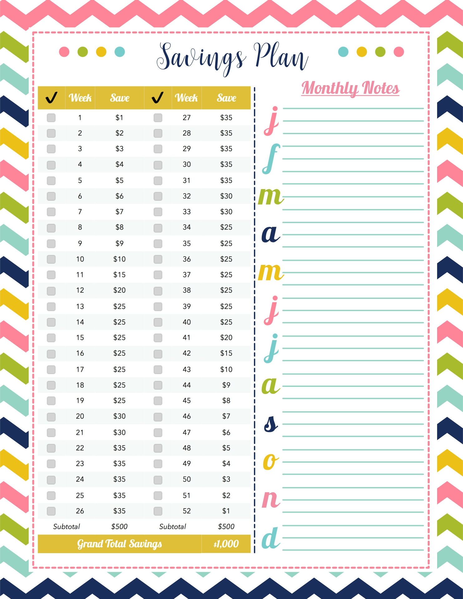 13 Best Printable 52 Week Saving Chart Printablee