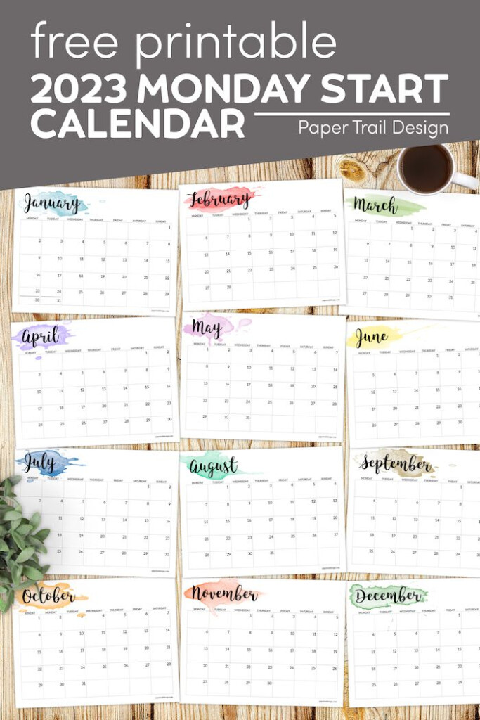 2023 Monday Start Calendar Printable Watercolor Paper Trail Design 