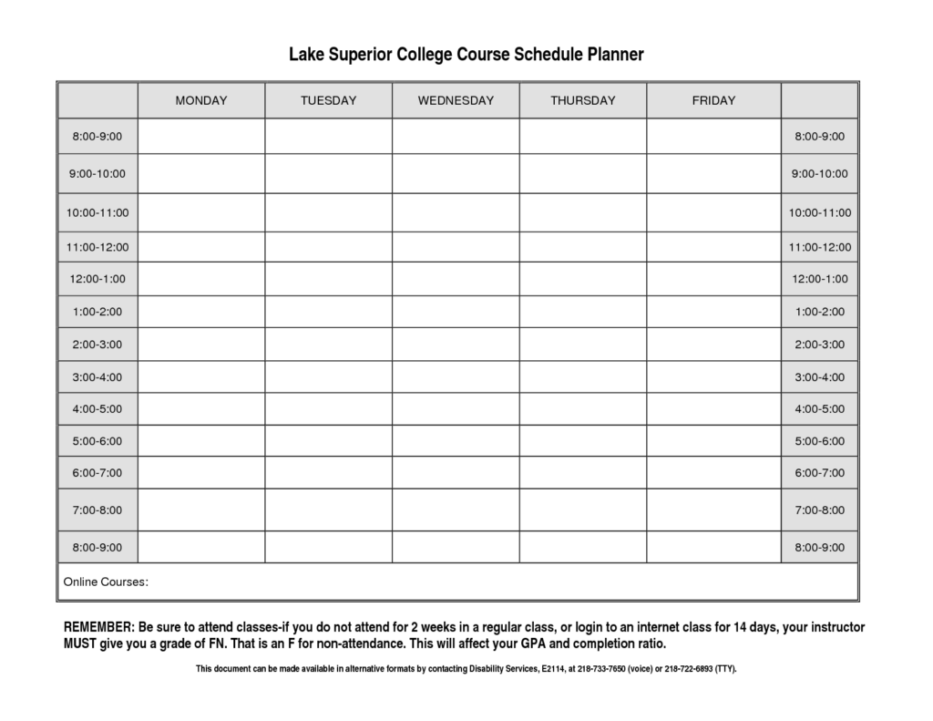 5 Best College Class Schedule Printable Printablee