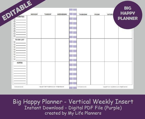 BIG Happy Planner Vertical Weekly Insert Editable Printable