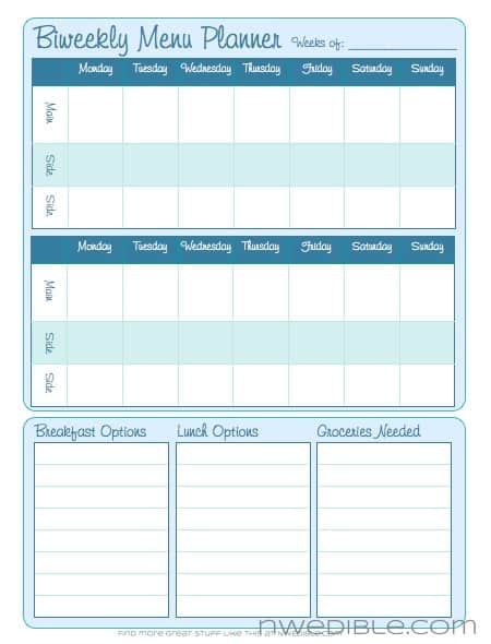 Biweekly Menu Planning Form Free Downloadable 