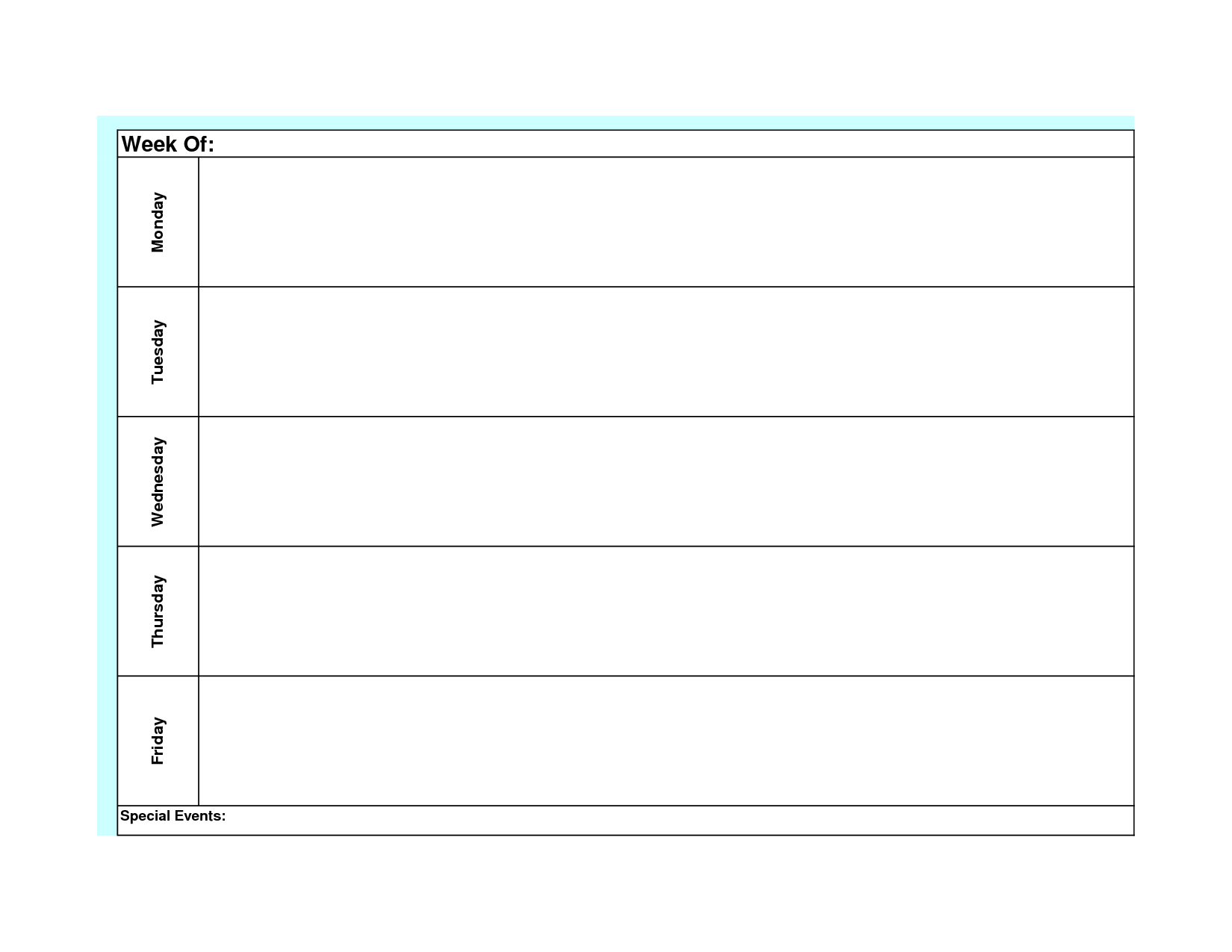 Blank Weekly Calendar Template Monday Friday Weekly Calendar Template