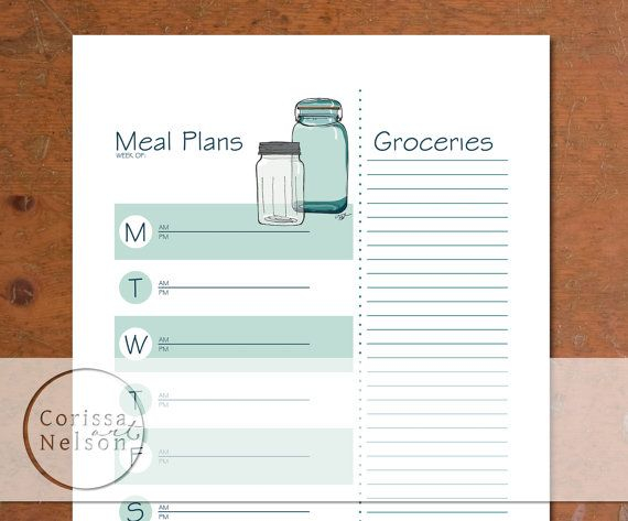 Blue Mason Jar Weekly Meal Planner Instant Printable Weekly Meal Planner Meal Planner