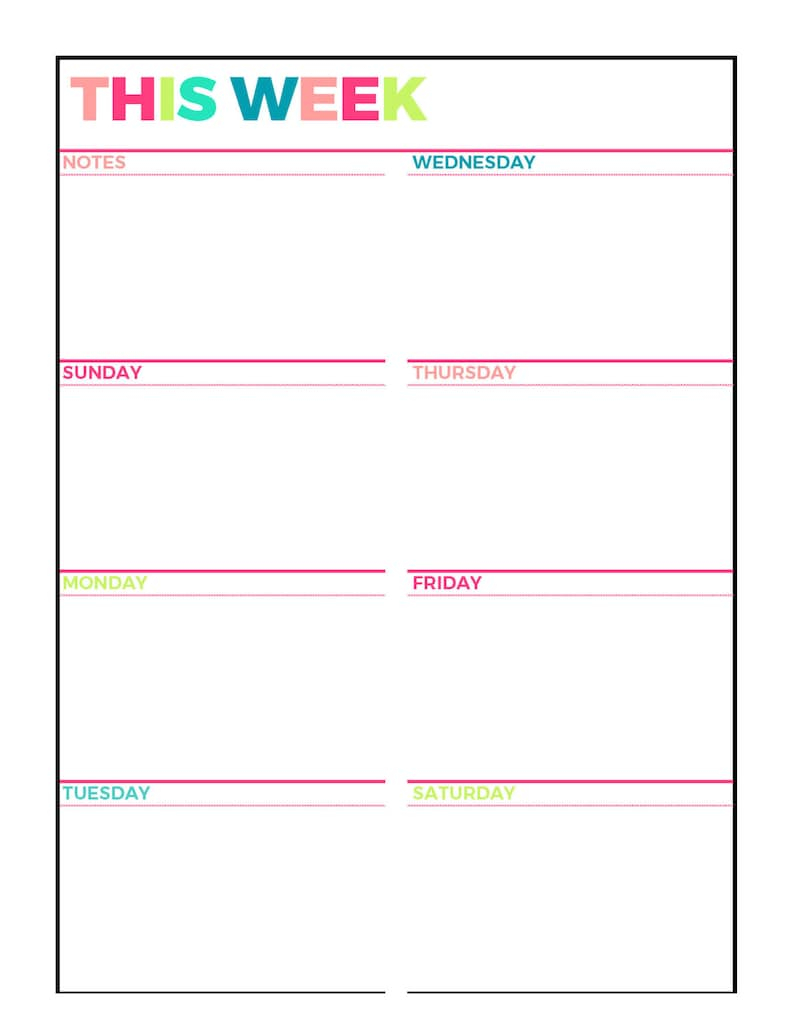 Bright Weekly Planner Printable Week On 1 Page Etsy Australia