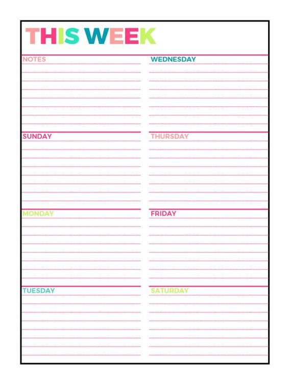 Bright Weekly Planner Printable Week On 1 Page Etsy Weekly Planner 