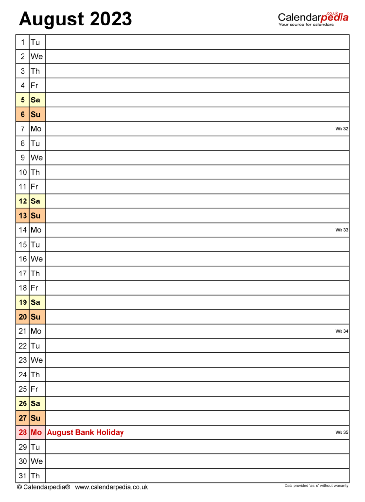 Calendar August 2024 UK With Excel Word And PDF Templates