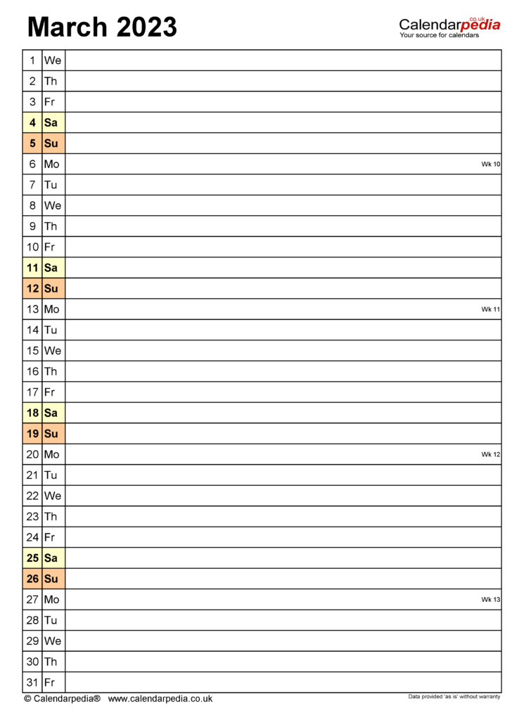 Calendar March 2024 UK With Excel Word And PDF Templates