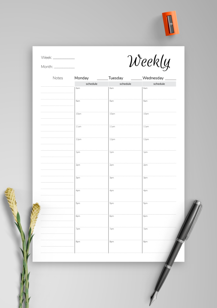 Download Printable Weekly Hourly Planner With Notes Section PDF