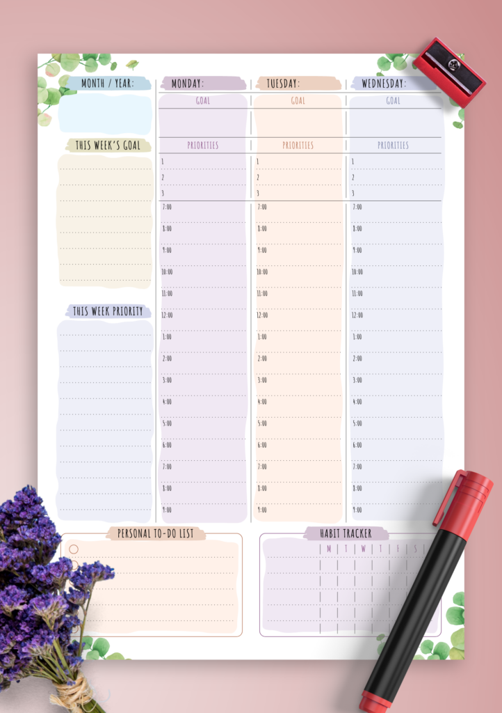 Download Printable Weekly Planner Undated Floral Style PDF