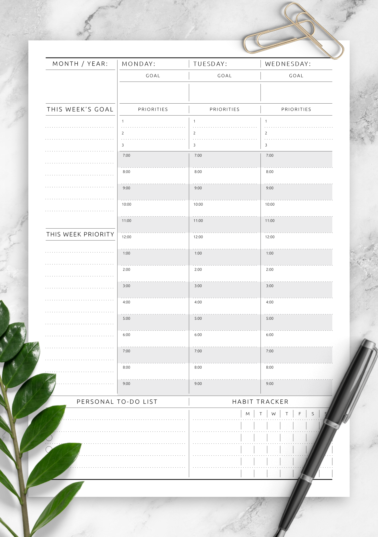 Download Printable Weekly Planner Undated Original Style PDF