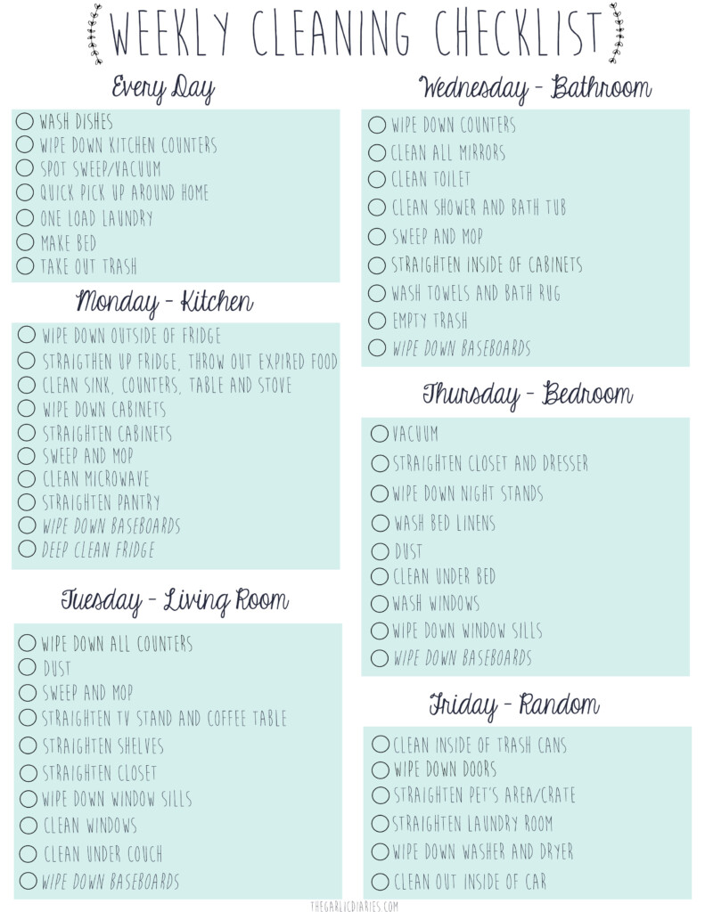 Free Downloadable Weekly Cleaning Checklist