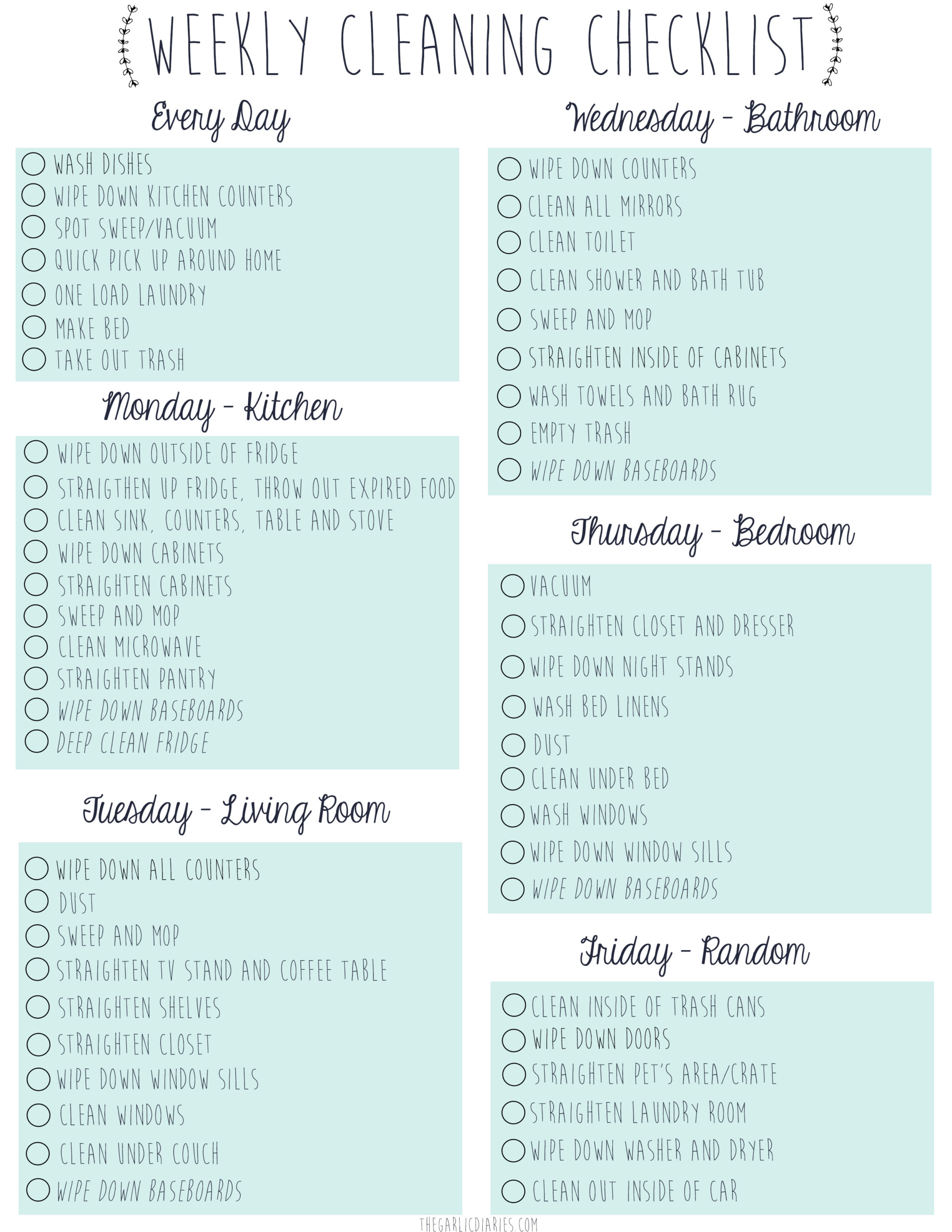 Free Downloadable Weekly Cleaning Checklist