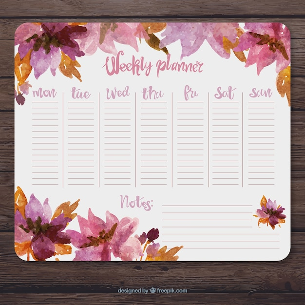 Free Vector Watercolor Weekly Planner With Pink Flowers