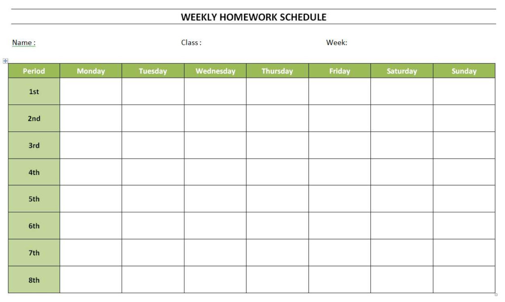 Free Weekly Homework Schedule Template