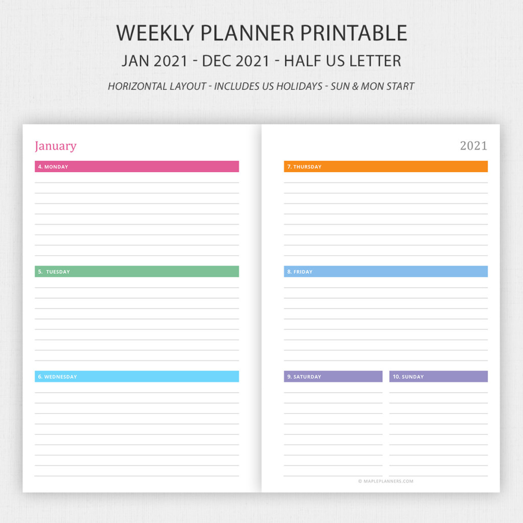 Half Letter Weekly Planner 2021 Horizontal Layout Maple Art Studio