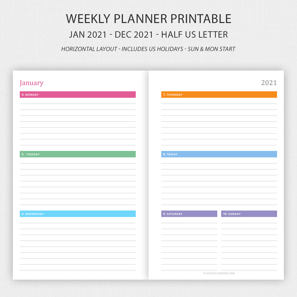 Half Letter Weekly Planner 2021 Horizontal Layout Maple Art Studio