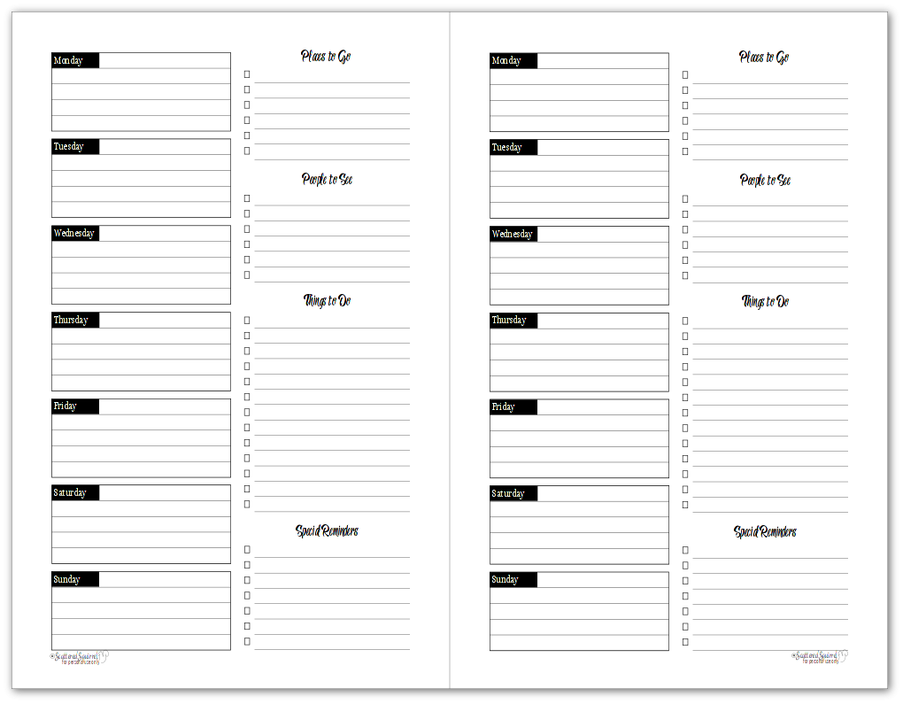 Half Size Black And White Weekly Planner Printables