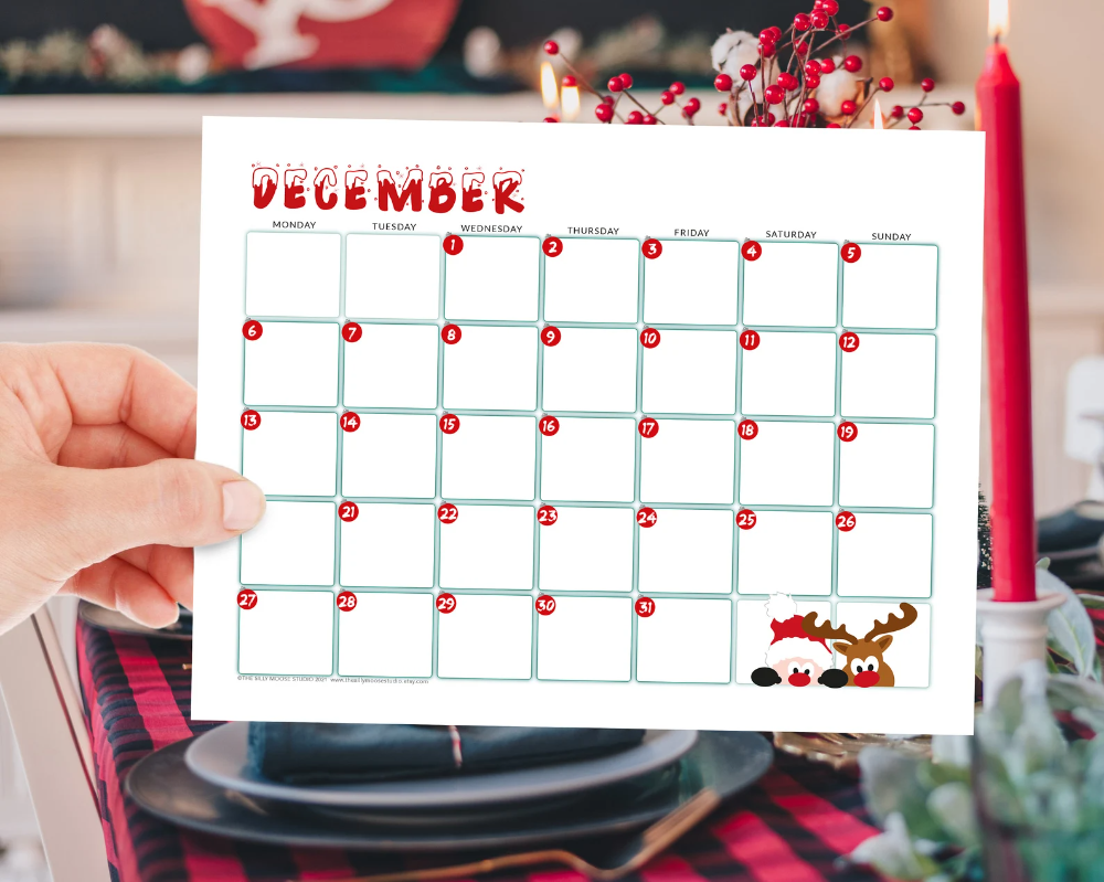 Monthly Calendar Printable Christmas Theme December Seasonal Etsy UK