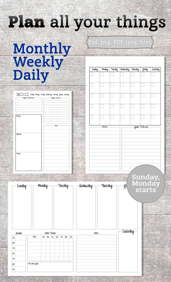 Monthly Weekly Daily Planner PRINTABLE A3 A4 A5 Formats To Do