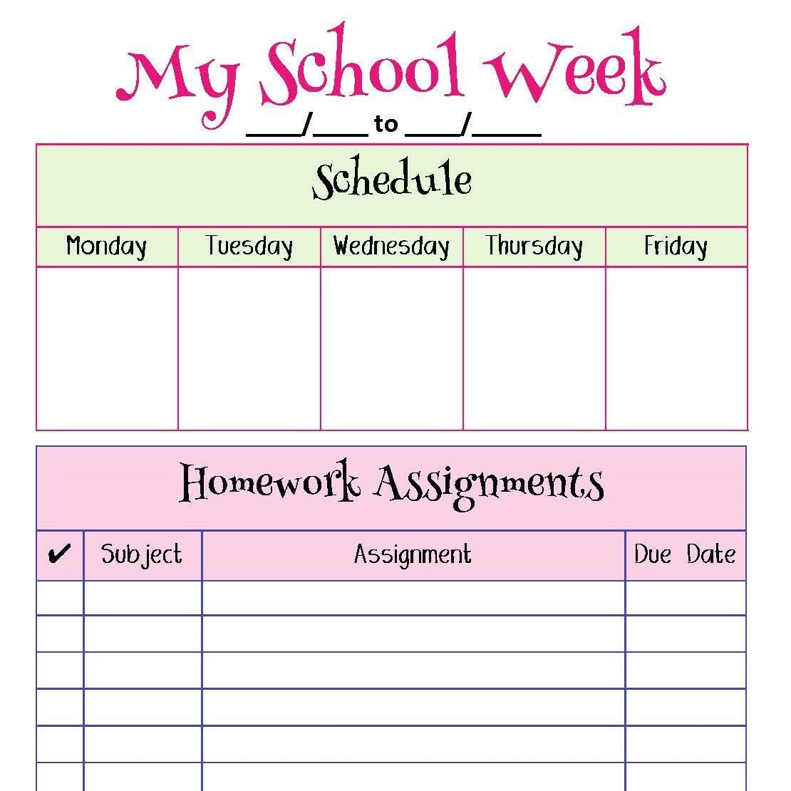 My School Week Homework Planner Printable Designed For Elementary age 