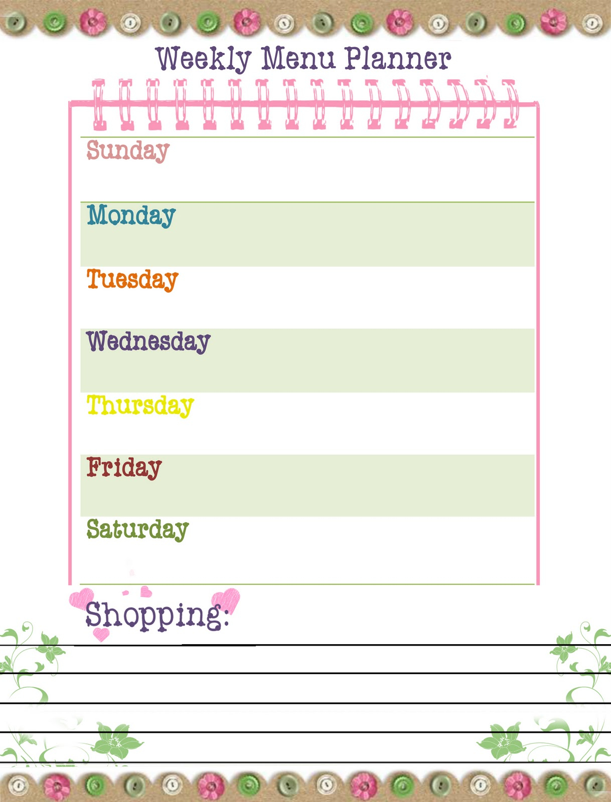 Our Way To Learn Weekly Menu Planner free Printable