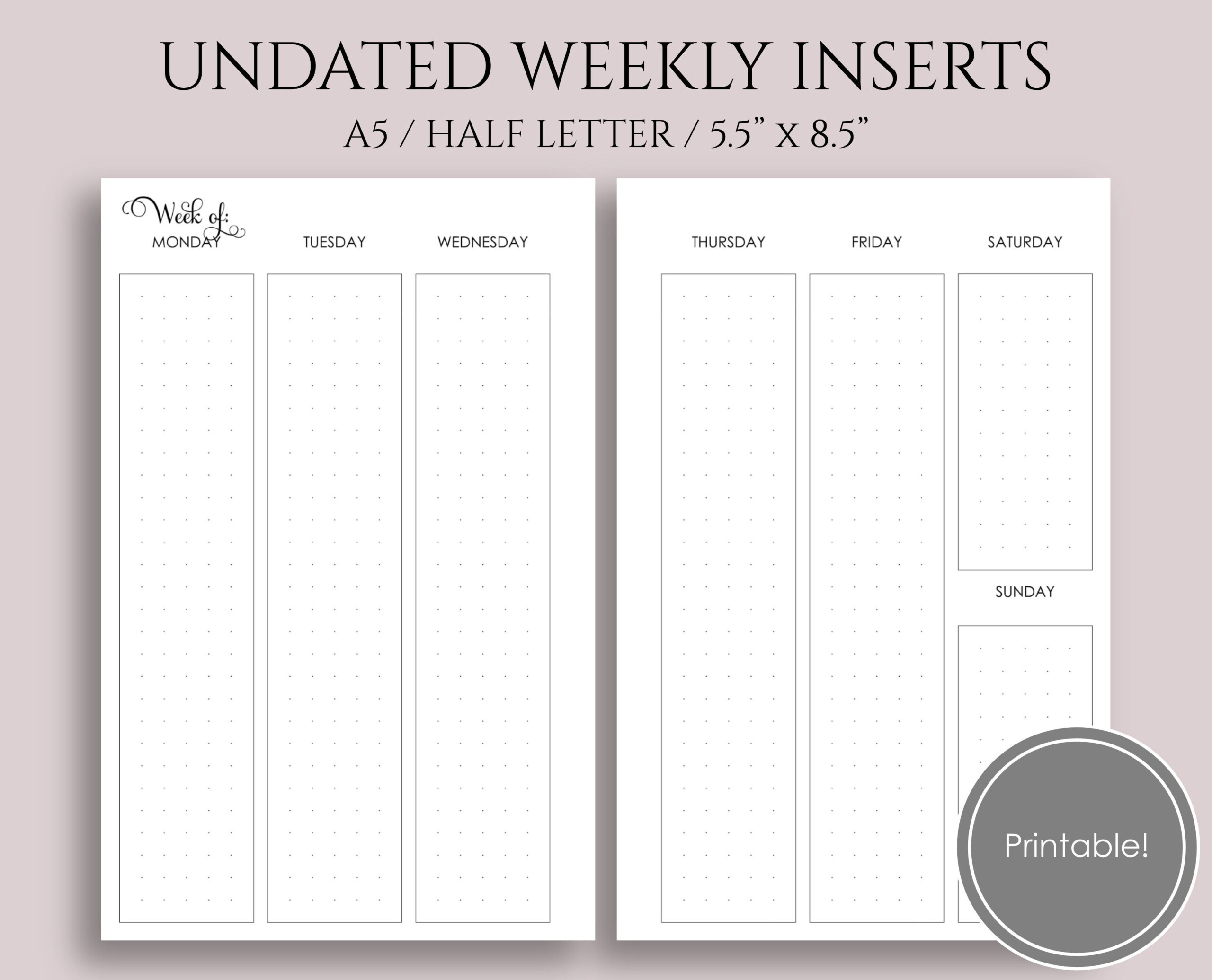 Paper Party Supplies Paper A5 Weekly Planner Printable Undated