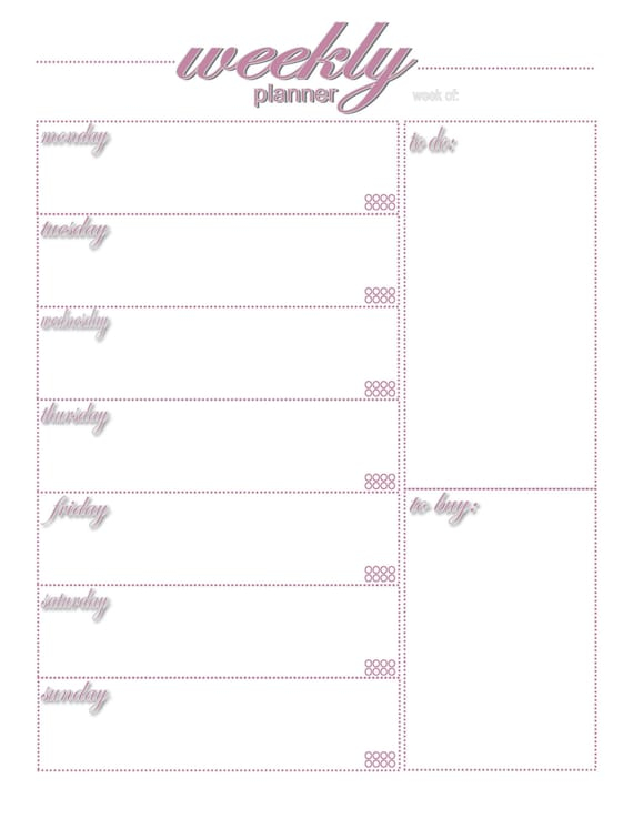 Pink Weekly Planner Custom Printable Template