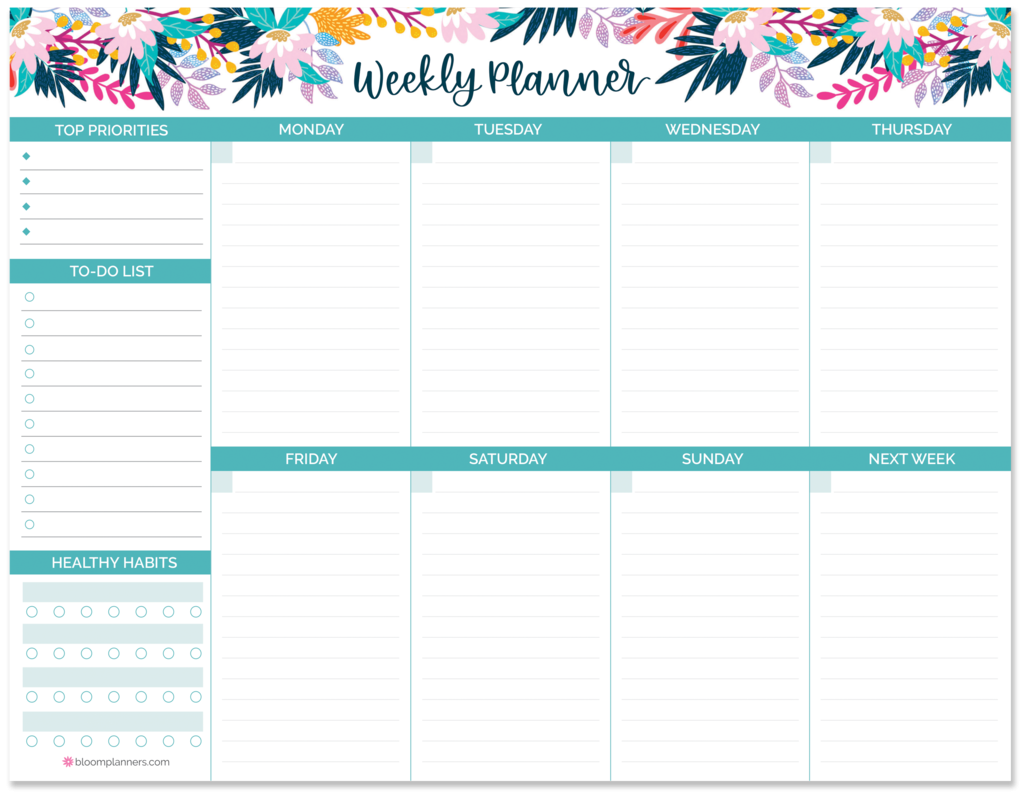 Planning Pad 8 5 X 11 Horizontal Weekly Planner Teal Floral 