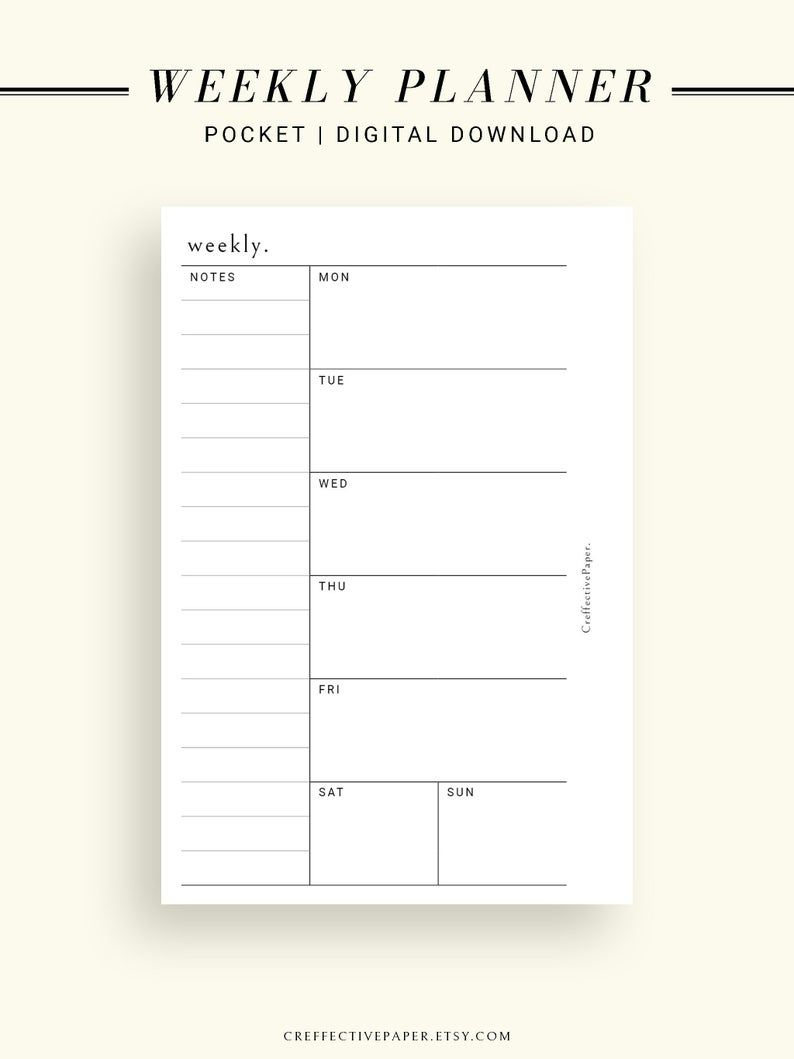 Pocket Weekly Planner Printable Template Minimalist Task Etsy