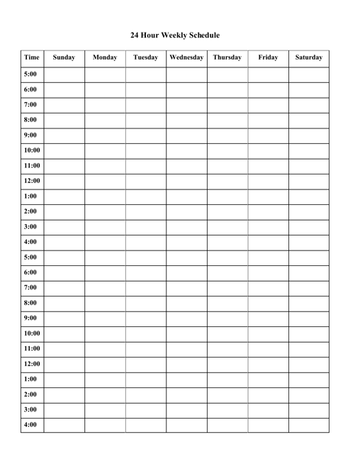 Printable 24 Hour Weekly Schedule Template Printable Free Templates
