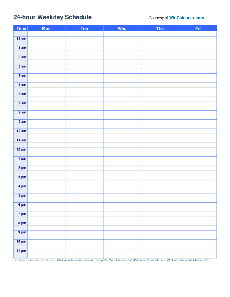 Printable 24 Hour Weekly Schedule Template Printable Free Templates