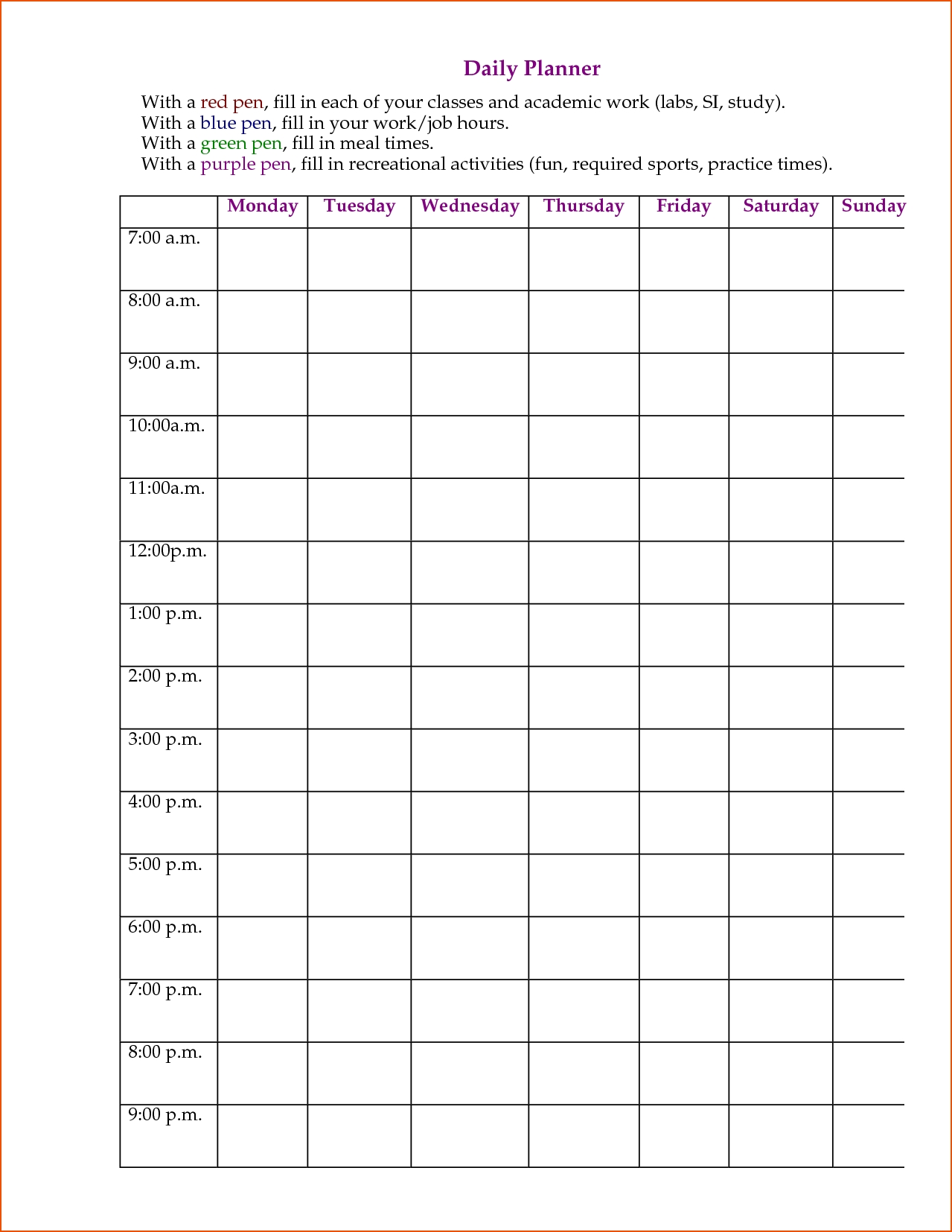 Printable 7 Day Weekly Planner Template Printable Free Templates