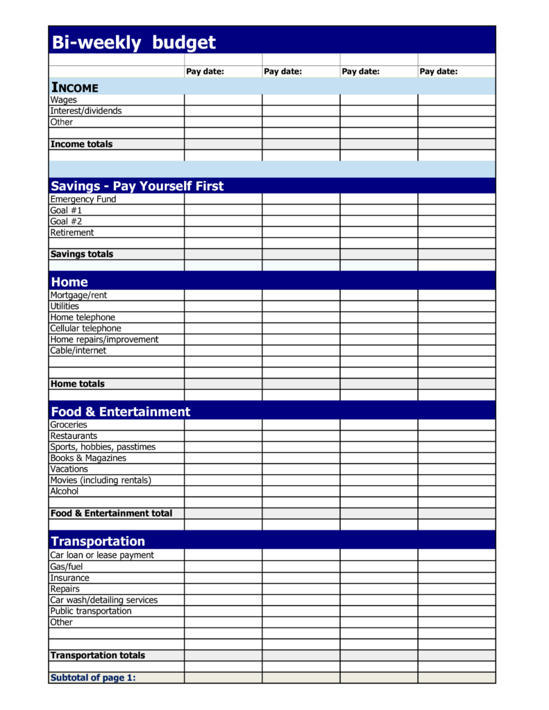 Printable Bi Weekly Budget Templates At Allbusinesstemplates