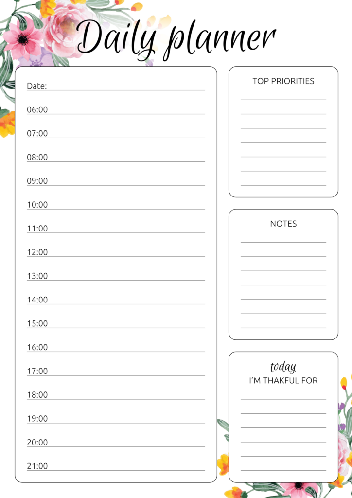 Printable Daily Hourly Planner With Flowers PDF Download Study 