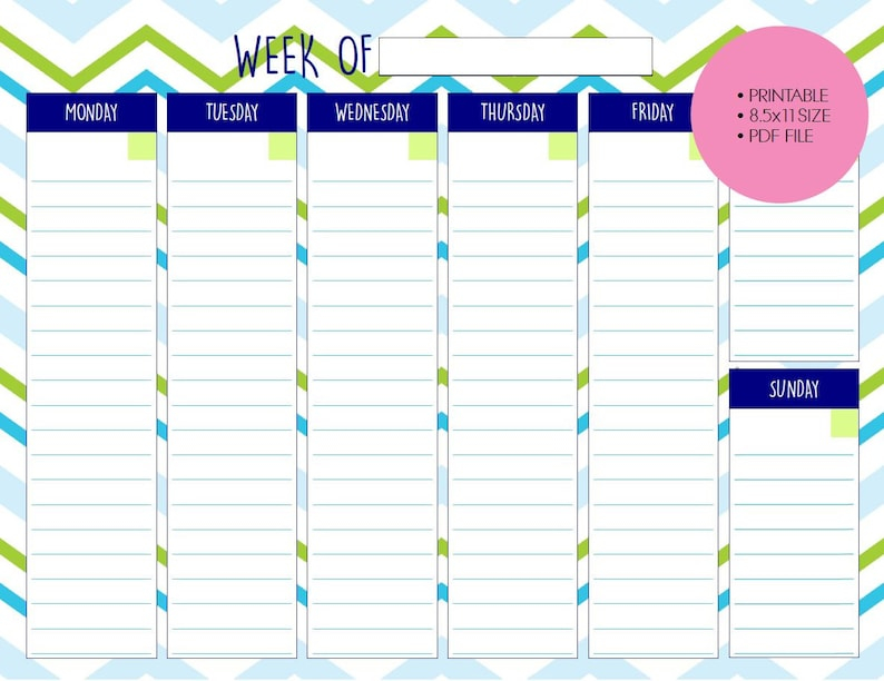 Printable Weekly Calendar 11x8 5 Blue Green Etsy