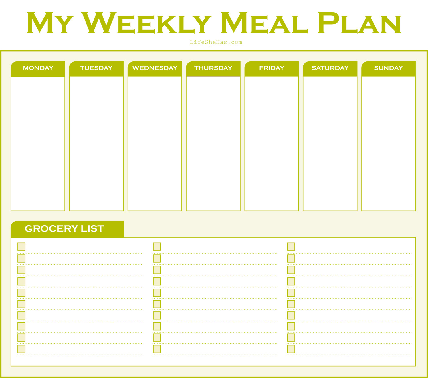 Printable Weekly Meal Planner With Grocery List Life She Has