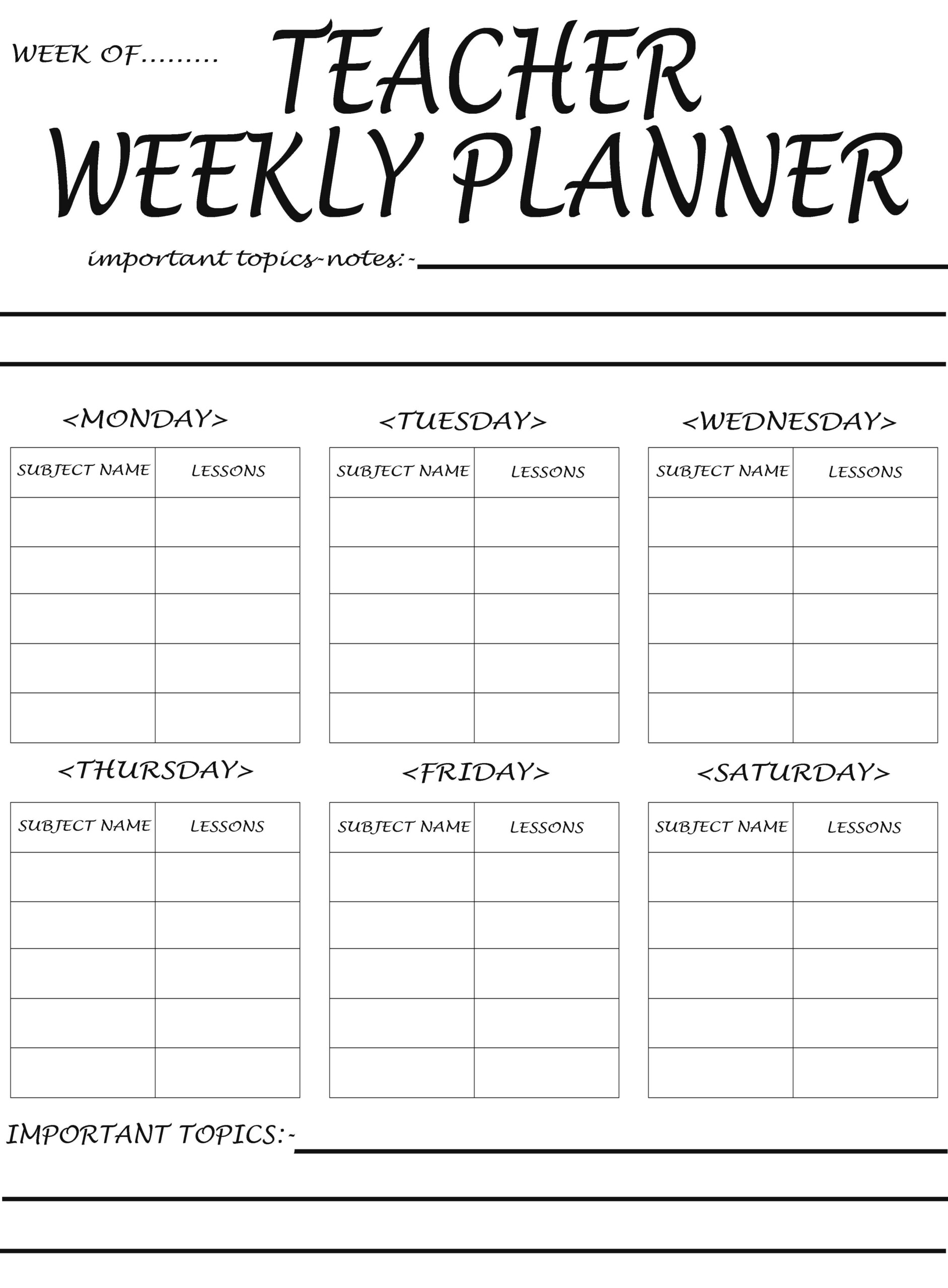 Printable Weekly Planner For Teacher Weekly Planner Template Lesson 