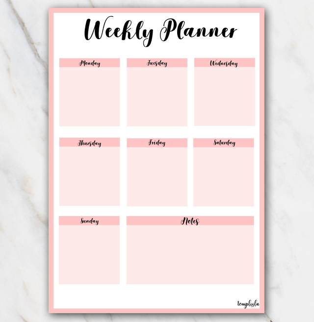 Printable Weekly Planner In Pink Colors Portrait Free