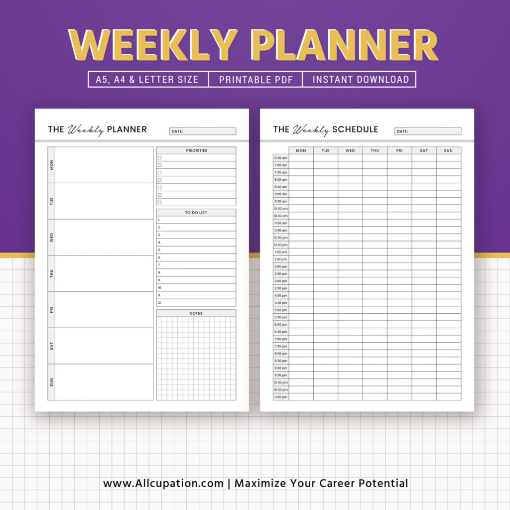 Printable Weekly Planner Weekly Schedule Weekly Organizer A5 Inserts 