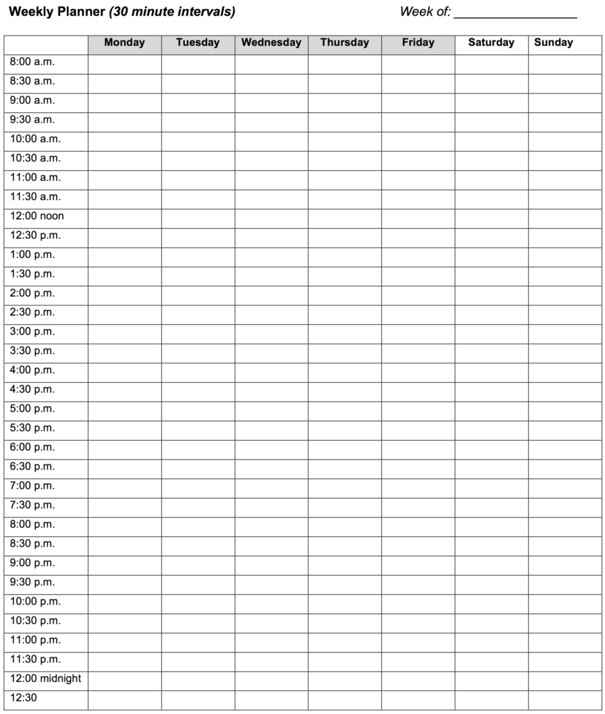 Scheduling Half Hour By Hour Day Planner