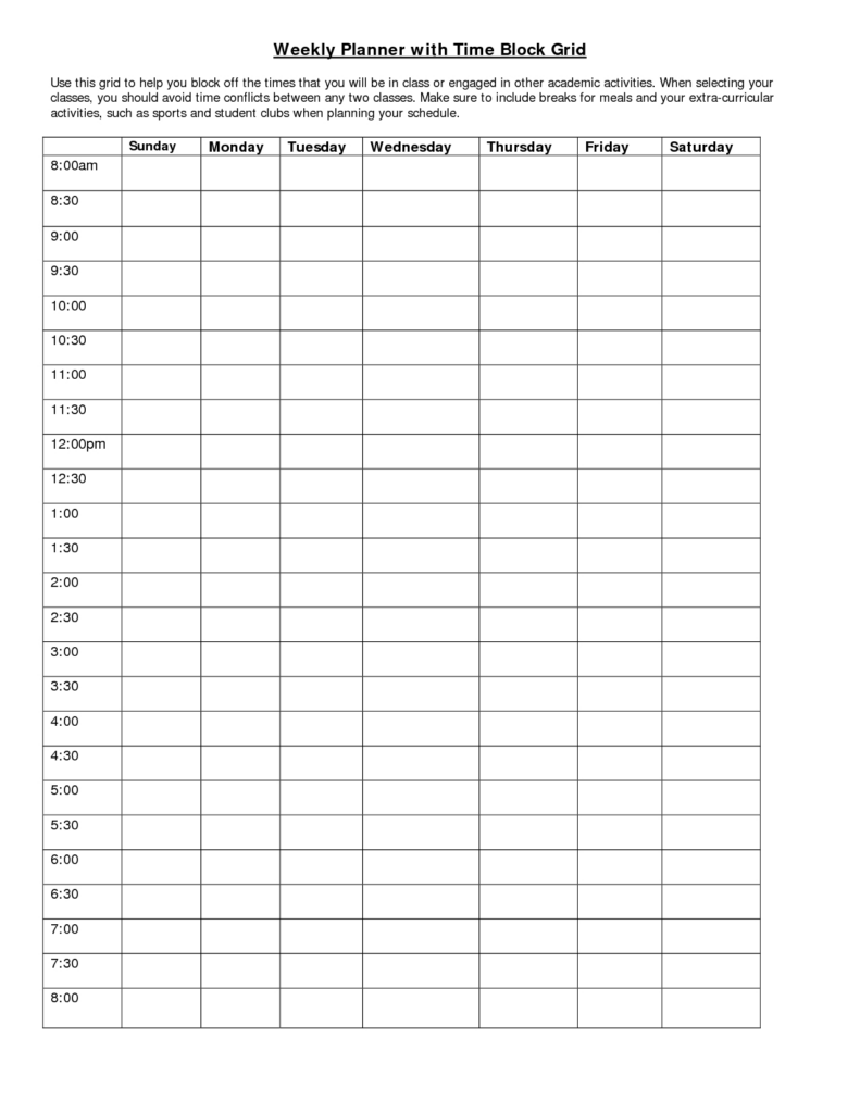 Universal Free Weekly Calendar Fillable With Times Starting At 6Am 