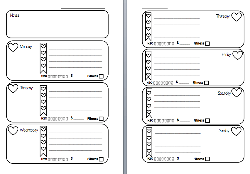 Week On Two Pages Filofax Inserts Printable Hearts Checklist With