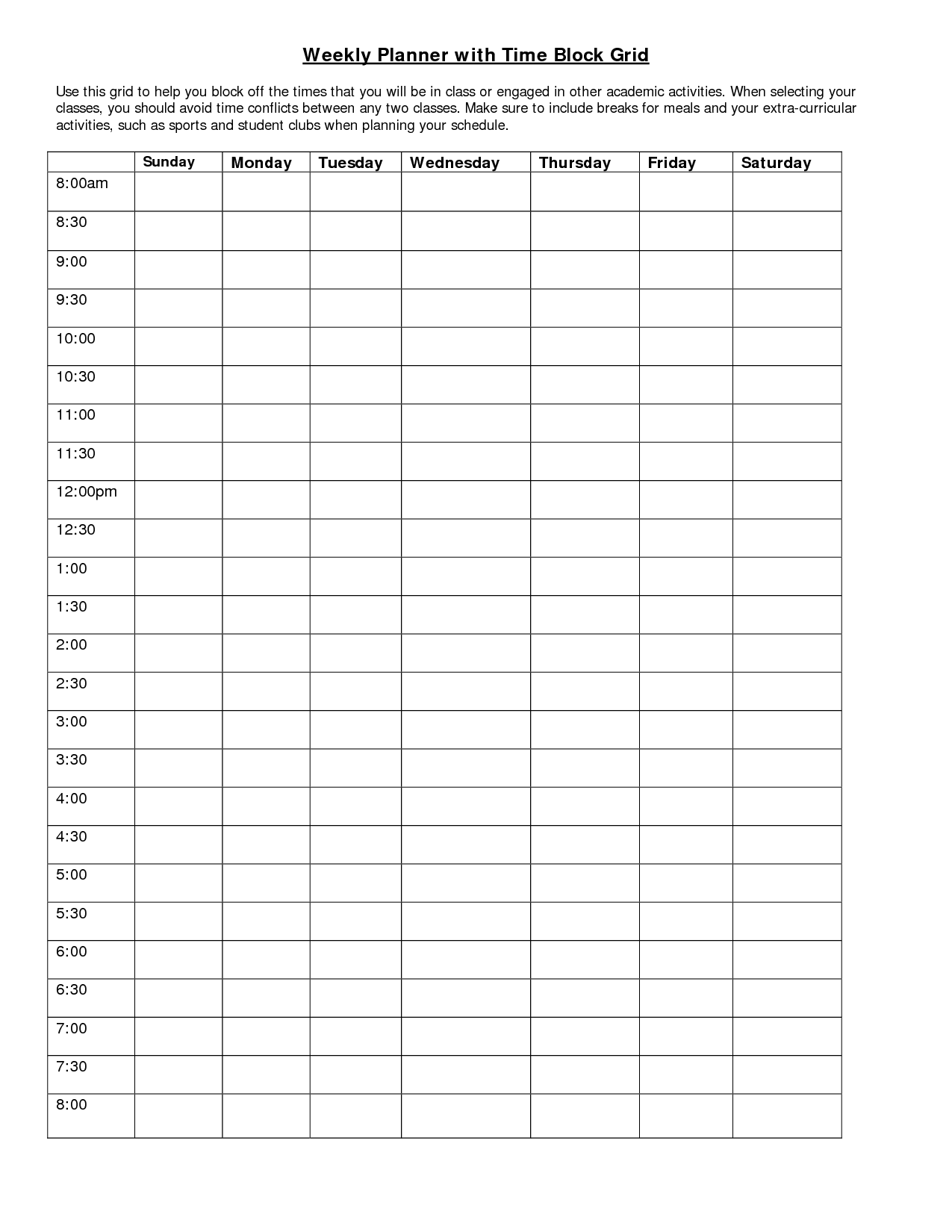 Week Templates With Times Weekly Planner With Time Block Grid PDF