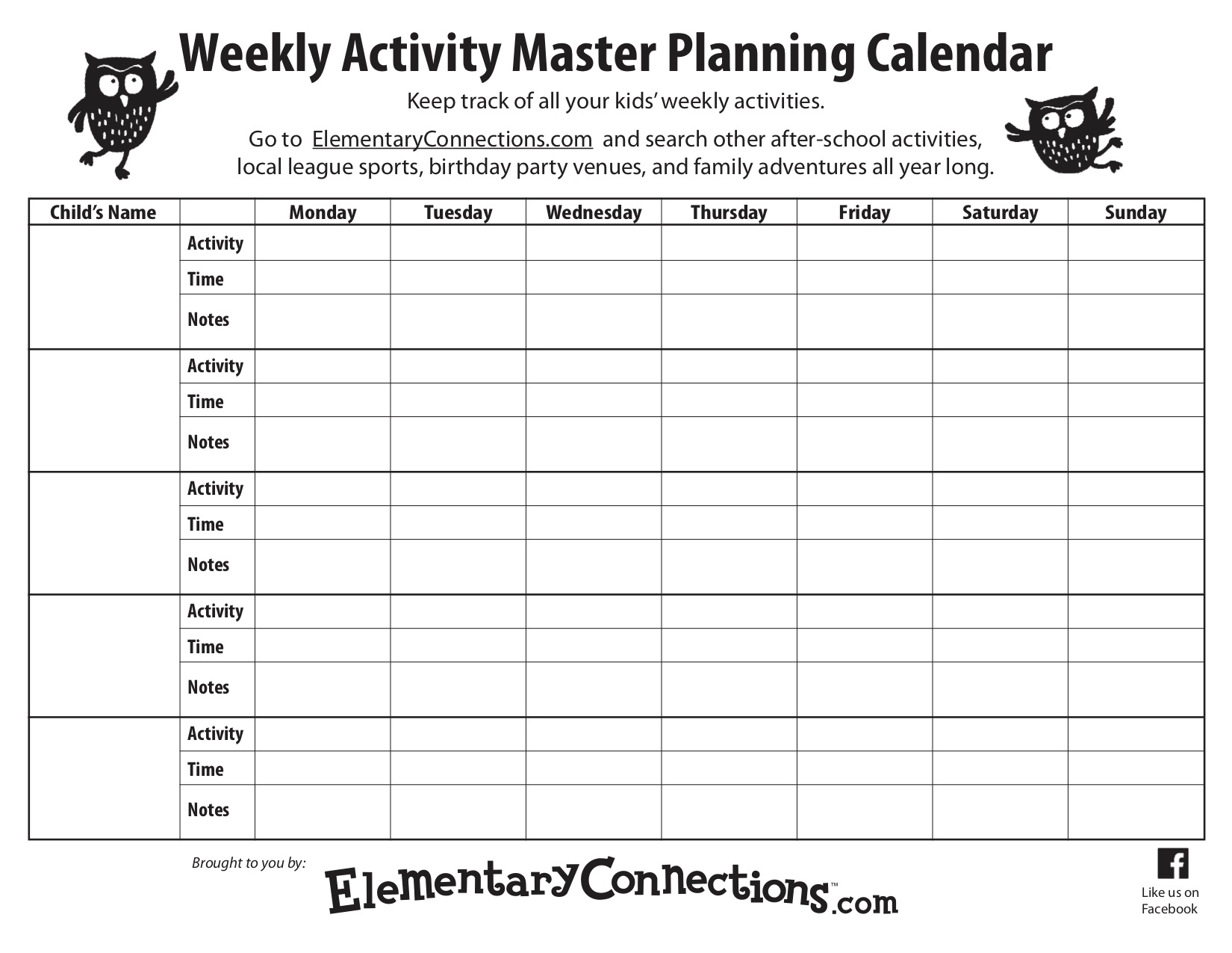 Weekly Activity Planning Calendar