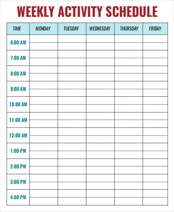 Weekly Activity Schedule Template 8 Free Sample Example Format Download