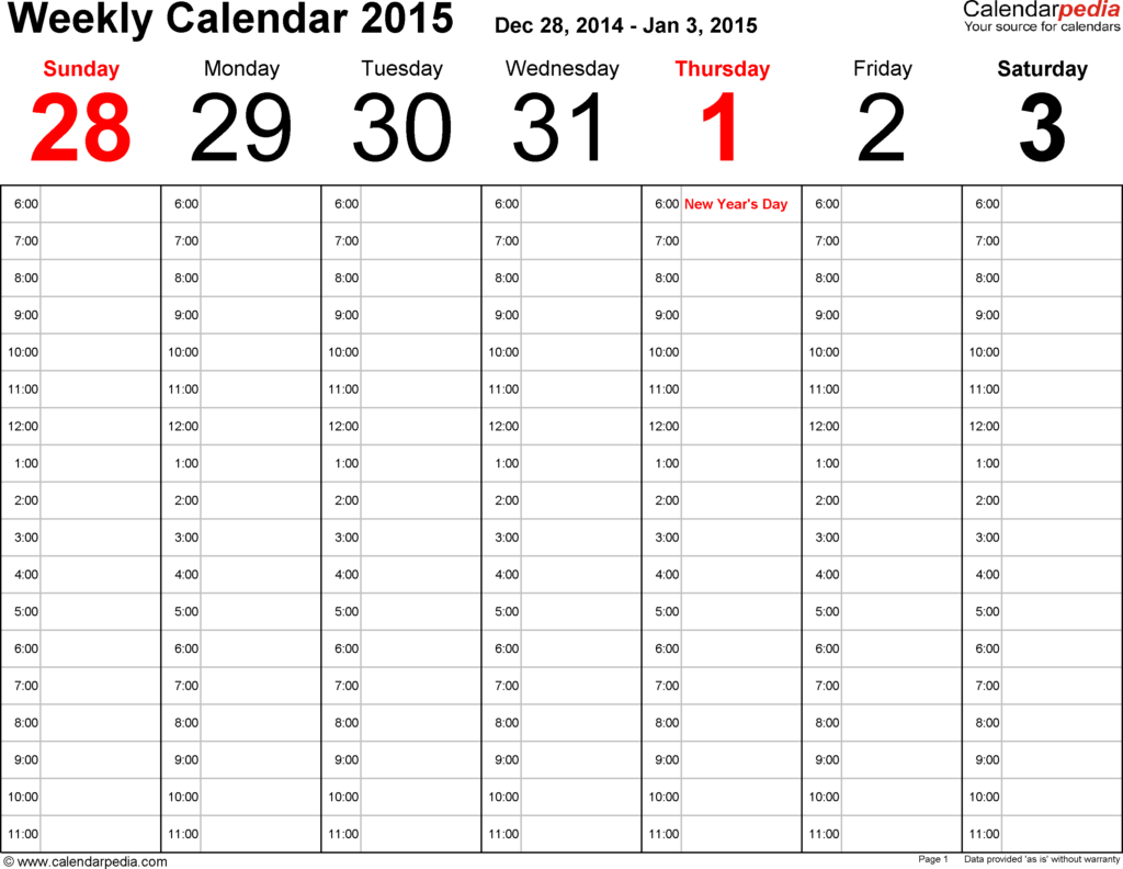 Weekly Calendars 2015 For PDF 12 Free Printable Templates