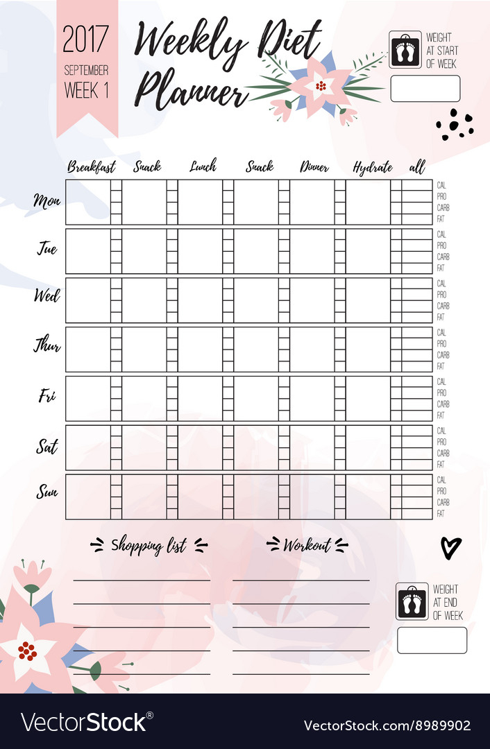 Weekly Diet Planner Printable Page Royalty Free Vector Image