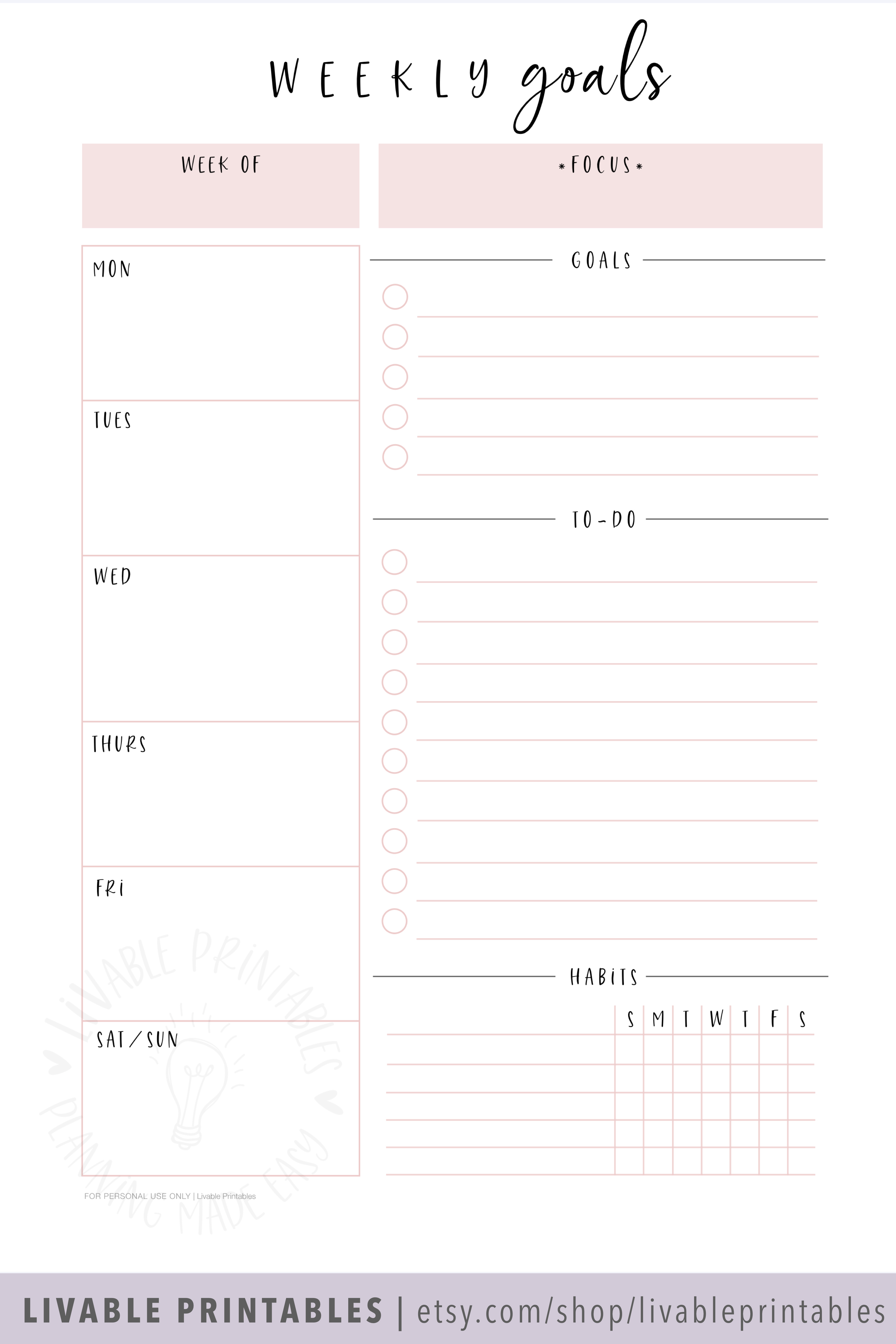 Weekly Goal Planner Printable PDF Etsy Goal Planner Printable 