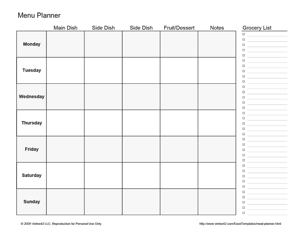 Weekly Menu Planner Template Word