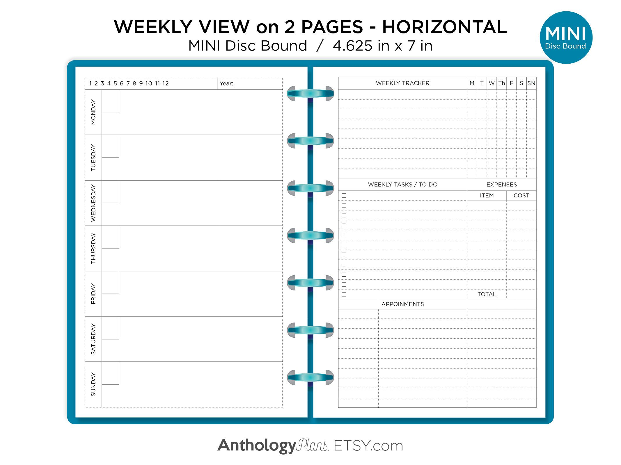 Weekly On 2 Pages Horizontal Minimalist Mini DiscBound Etsy Mini 